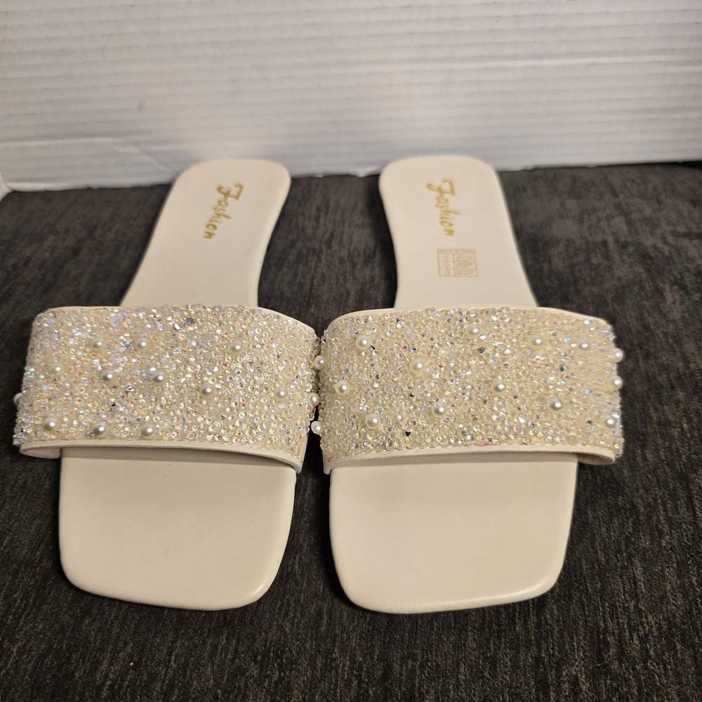 Fashion Cream Pearl Rhinestone Slide Sandals Square Toe Flat Slides Sz 9.5 (42)